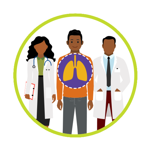 — title missing — Illustration of a patient with his healthcare providers and an X-ray of his lungs.