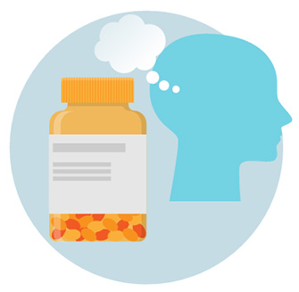 — title missing — Graphic of a medicine bottle and a thinking head.