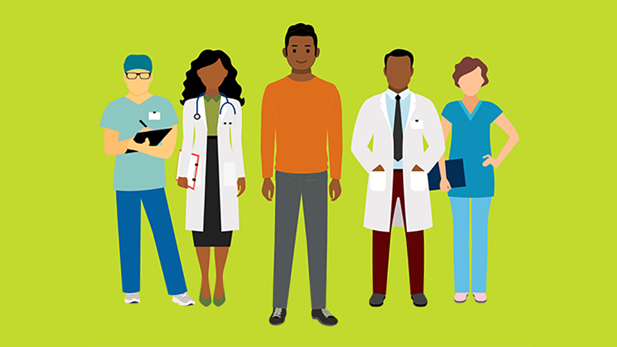 — title missing — Illustration of a patient with his whole care team.