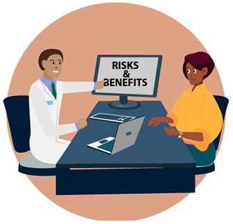 — title missing — Graphic of doctor and patient. His computer screen has "risk and benefits" on the screen.
