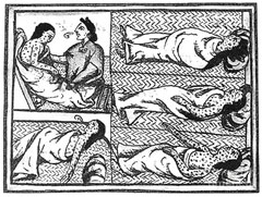 Bernardino de Sahagun A black and white illustration showing people sick with smallpox.