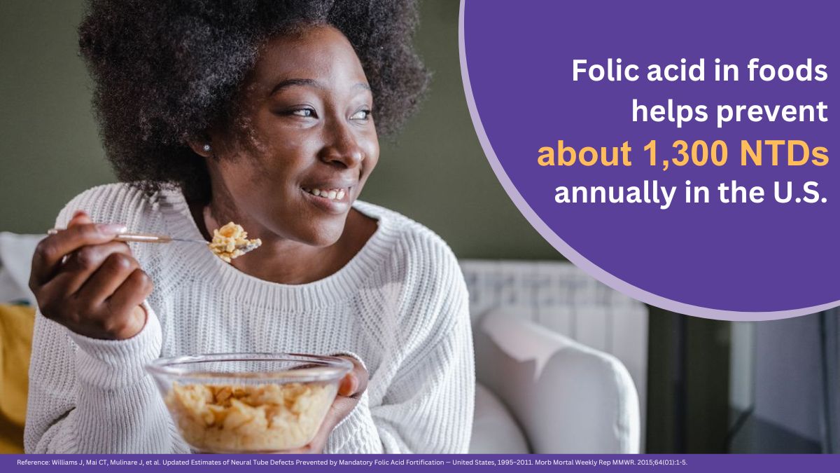 Folic acid - NTDs Image of black woman eating a bowl of cereal, with the words "Folic acid in foods helps prevent about 1,300 NTDs annually in the U.S.