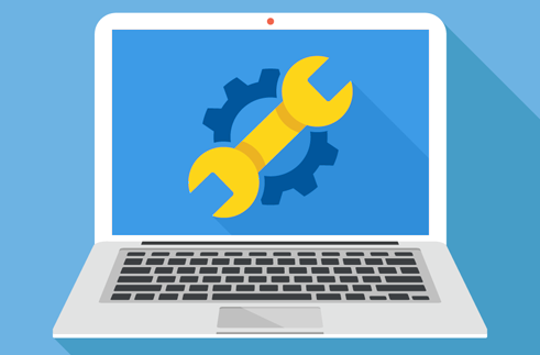 An animated laptop with a yellow wrench on the screen