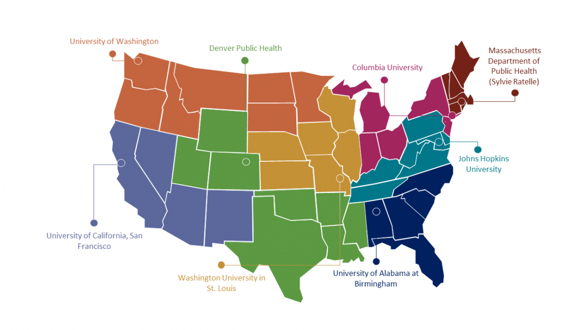 NNPTC Regional Centers Map A U.S. map, split into eight sections, each representing a training center and their corresponding states they cover.