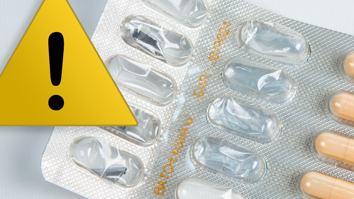 Product Availability Blister pack of capsules and a caution sign.