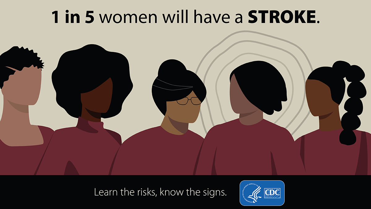 Black-Women-Stroke-5 Drawing of 5 women with text: One in five women will have a stroke.