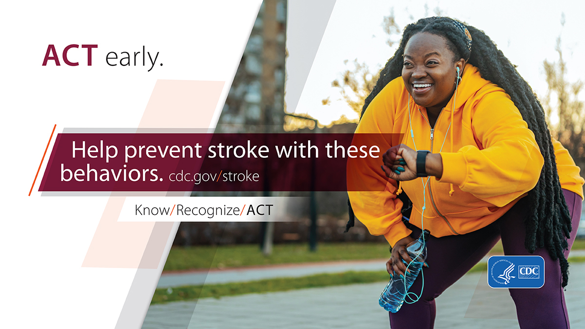 Stroke-Prevention-act-social-card A woman exercising with the text: Act early. Help prevent stroke with these behaviors. cdc.gov/stroke