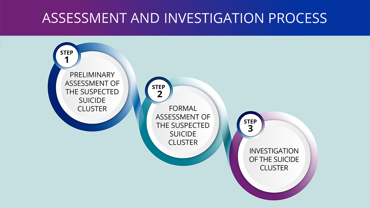 Suicide Cluster Graphic Diagram showing 3 circles of steps on how to assess and investigate a suspected suicide cluster.