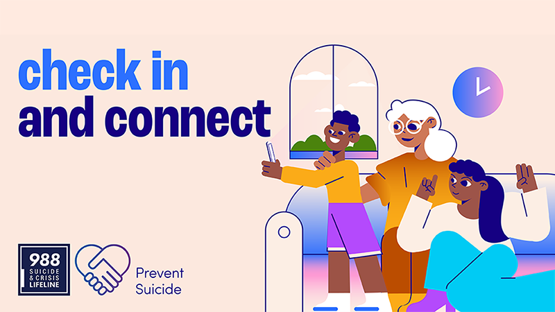 — title missing — Family sitting on couch taking a selfie. Check in and connect. Prevent suicide.