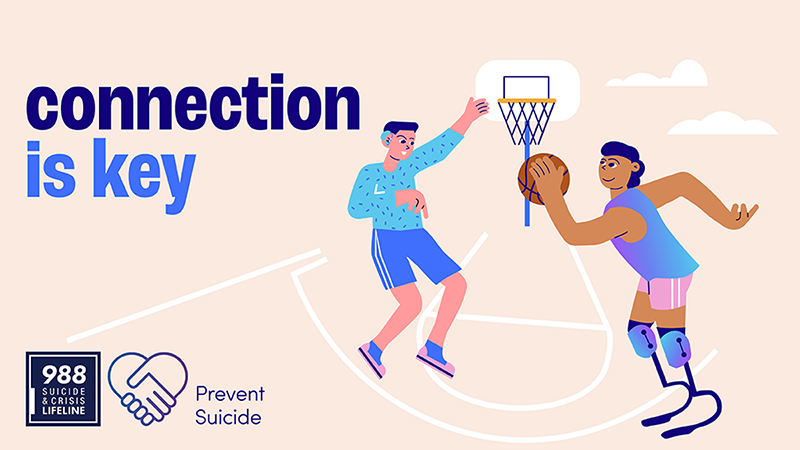 — title missing — Man with prosthetic legs and man with cochlear implant playing basketball. Connection is key. Prevent suicide.