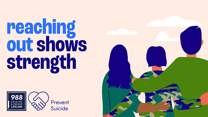— title missing — Three people in army fatigue looking at the sky. Reaching out shows strength. Prevent suicide.