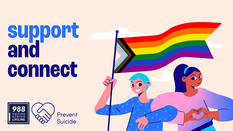 — title missing — Two people waving a LGBTQIA+ flag. Support and connect. Prevent Suicide.