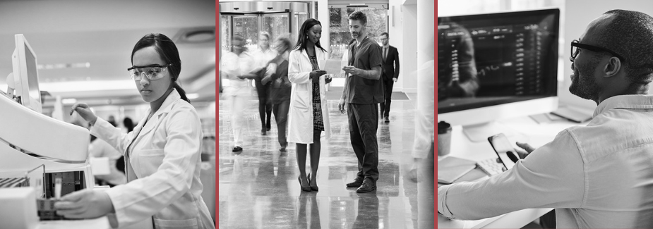 medical and health professionals laboratorian; medical professionals in a lobby; data analyst