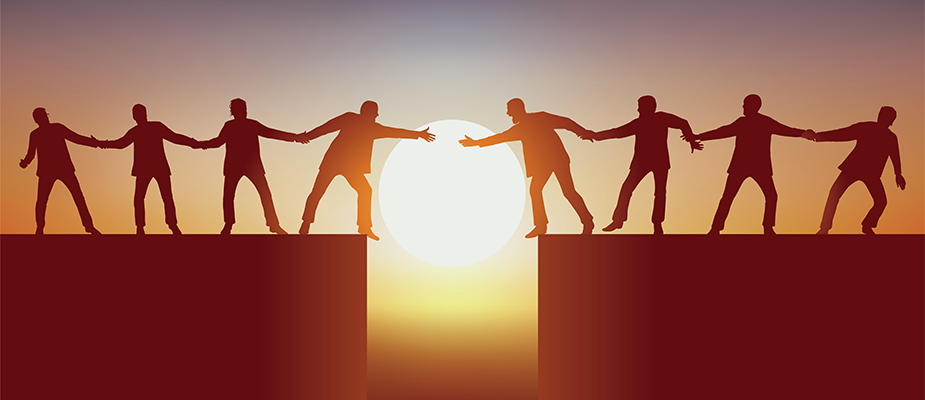 people bridging gap people on two sides of gap reaching over