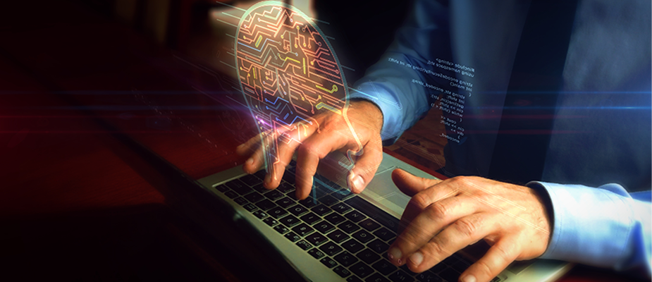 Typing on laptop with artificial intelligence hologram screen over keyboard Man typing on laptop with artificial intelligence hologram screen over keyboard.