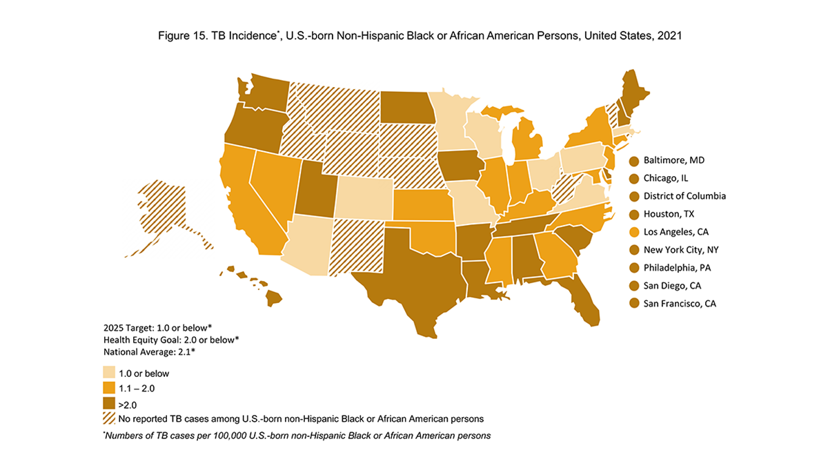 Figure 15: TB Incidence Among U.S.-born Non-Hispanic Blacks or African American Persons in the United States In 2021 Map depicting TB Incidence Among U.S.-born Non-Hispanic Blacks or African American Persons in the United States In 2021