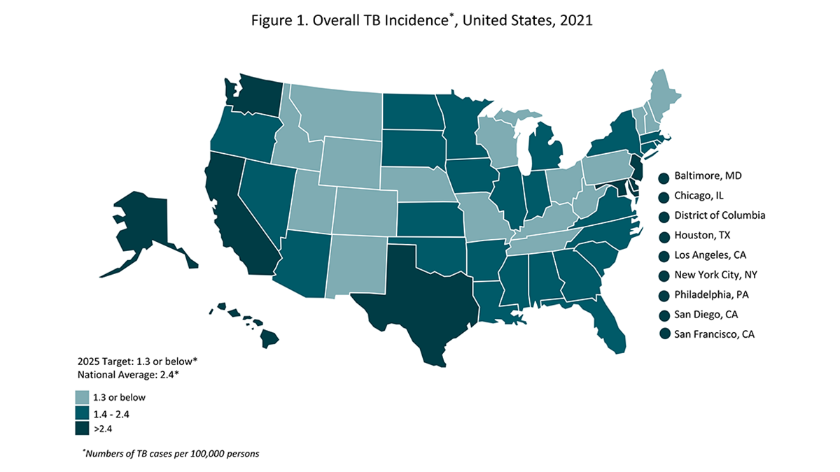 Figure 1: Overall TB Incidence in the United States, 2021 A map depicting overall TB incidence in the United States in 2021.