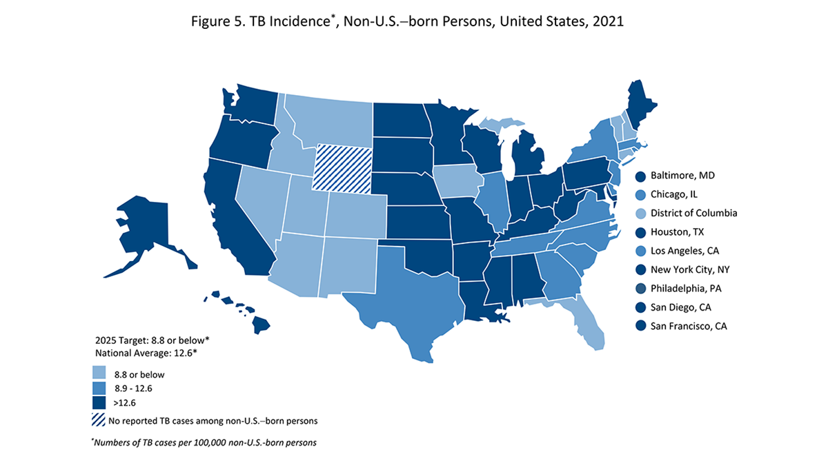 Figure 5: TB Incidence Among Non–U.S.–born Persons in the United States, 2021 Map depicting TB Incidence Among Non–U.S.–born Persons in the United States, 2021