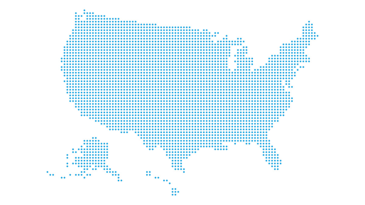 Dotted style map of the United States in blue on a white background