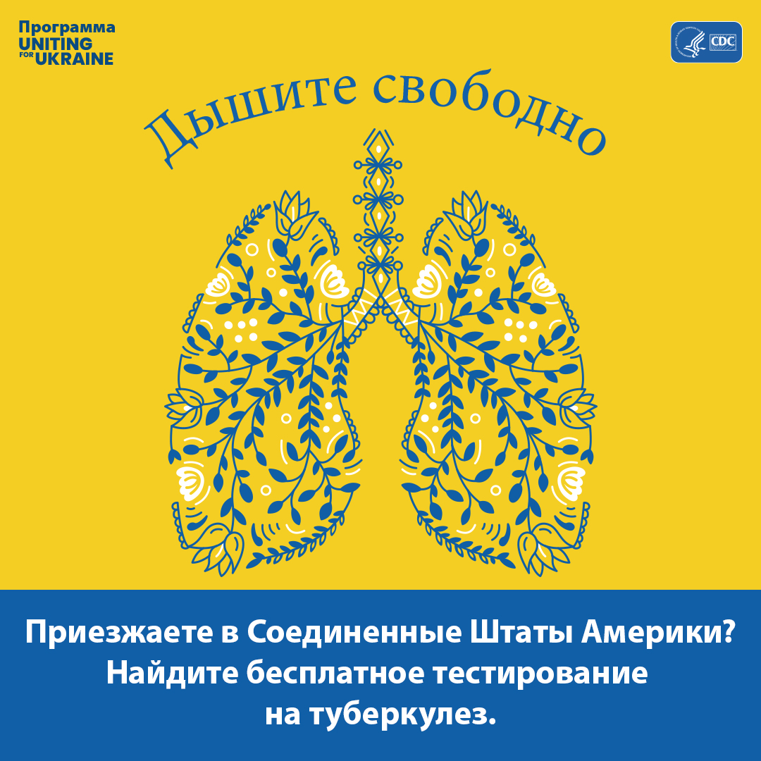 Иллюстрация легких в стиле украинского народного творчества. Содержание следующее: Дышите свободно. Приезжаете в Соединенные Штаты Америки? Найдите бесплатное тестирование на туберкулез.