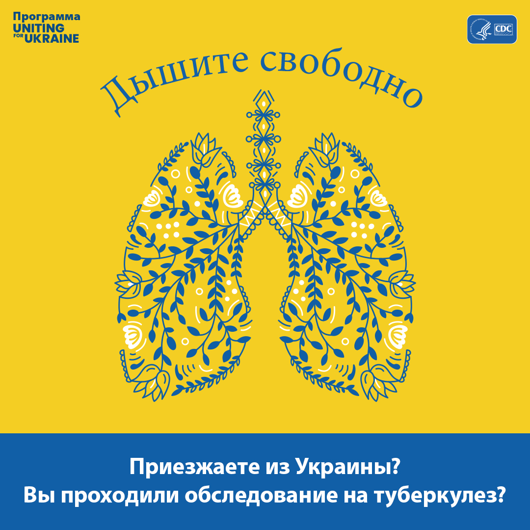 Иллюстрация легких в стиле украинского народного творчества. Содержание следующее: Дышите свободно. Приезжаете из Украины? Вы проходили обследование на туберкулез?