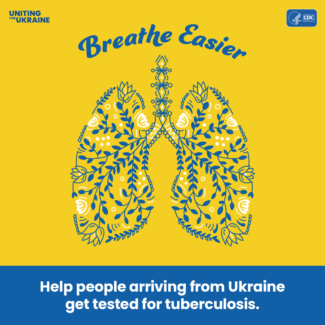 Illustration of lungs in Ukrainian folk art style. Content reads: Breathe Easier. Help people arriving from Ukraine get tested for tuberculosis.