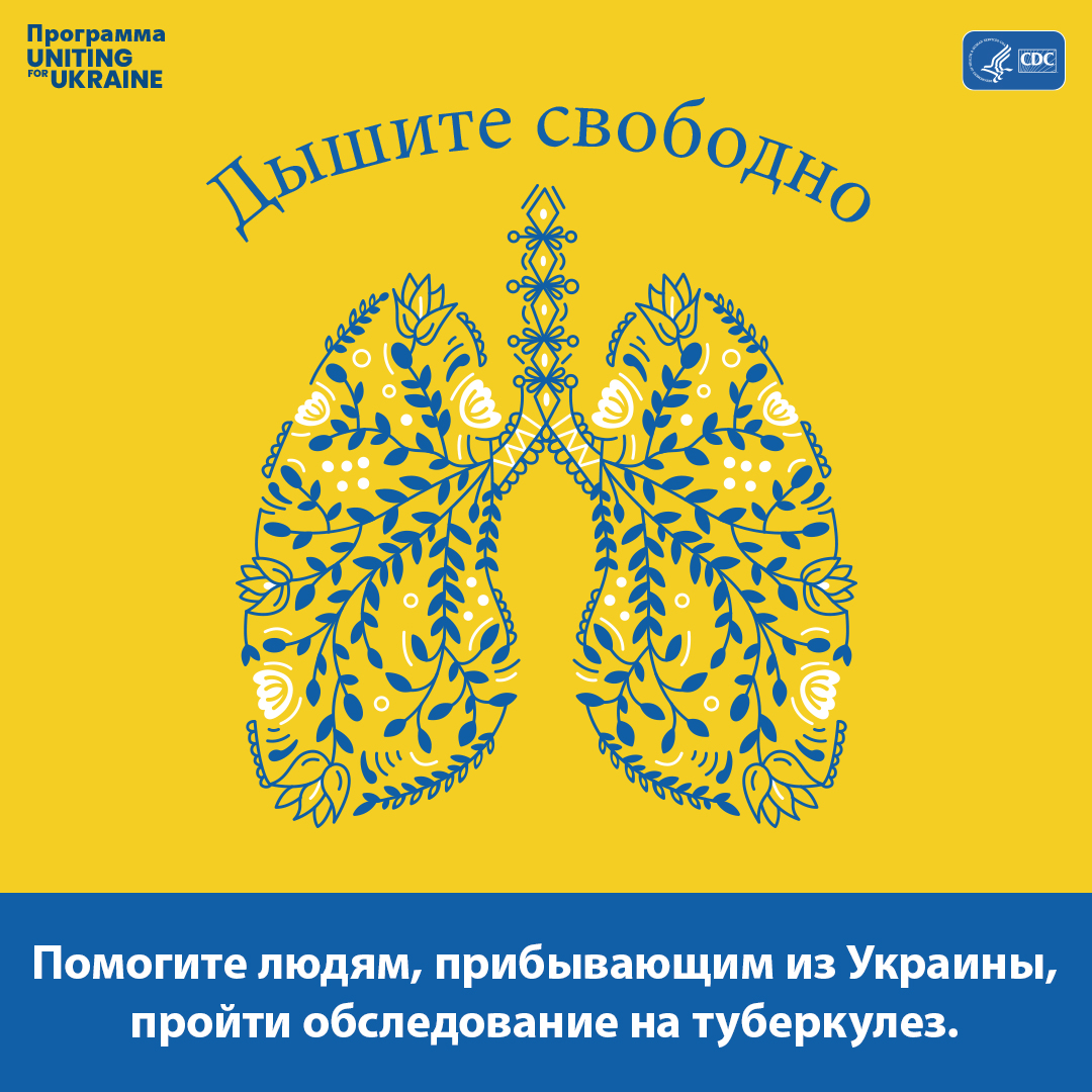 Иллюстрация легких в стиле украинского народного творчества. Содержание следующее: Дышите свободно. Помогите людям, прибывающим из Украины, пройти обследование на туберкулез.