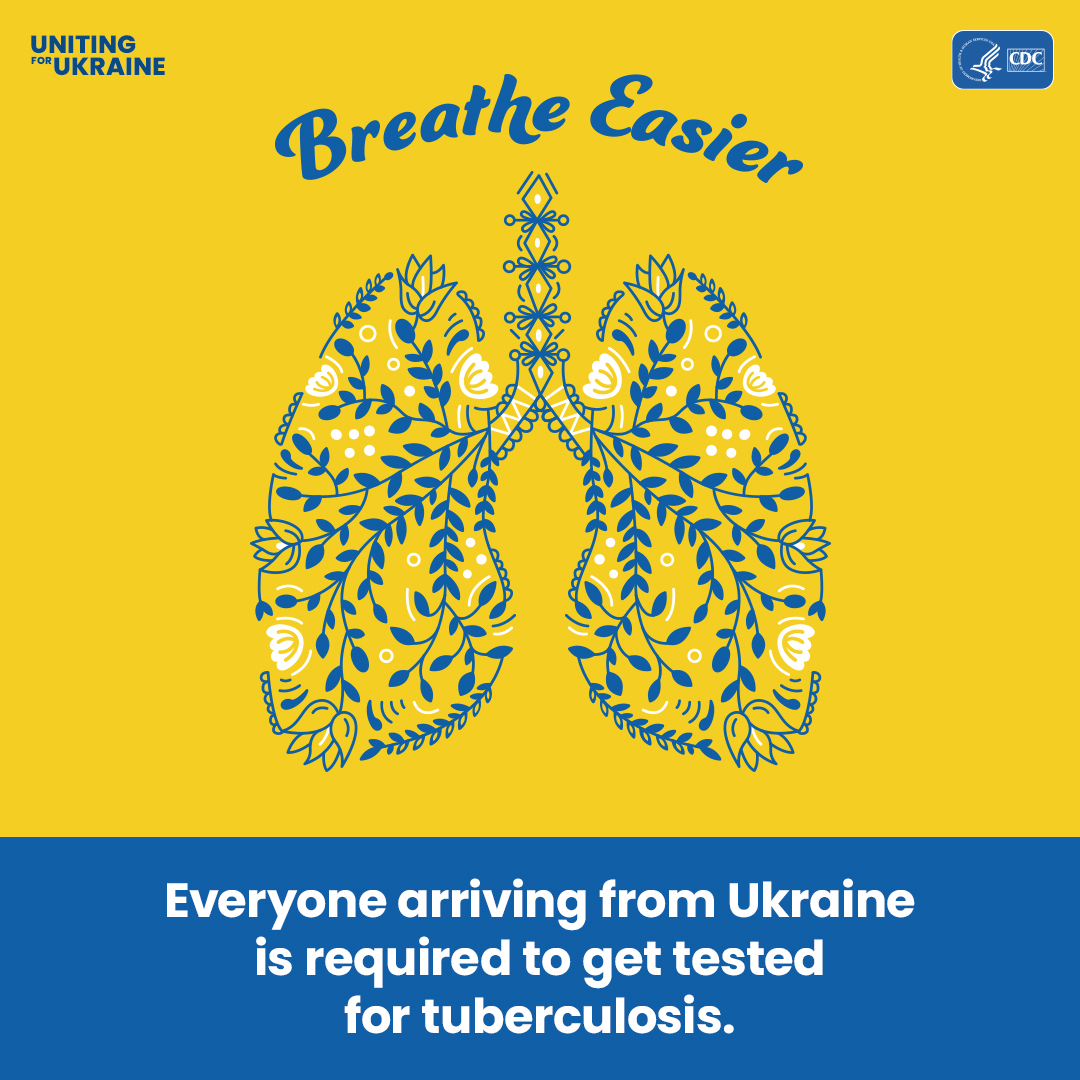 Illustration of lungs in Ukrainian folk art style. Content reads: Breathe Easier. Everyone arriving from Ukraine is required to get tested for tuberculosis.