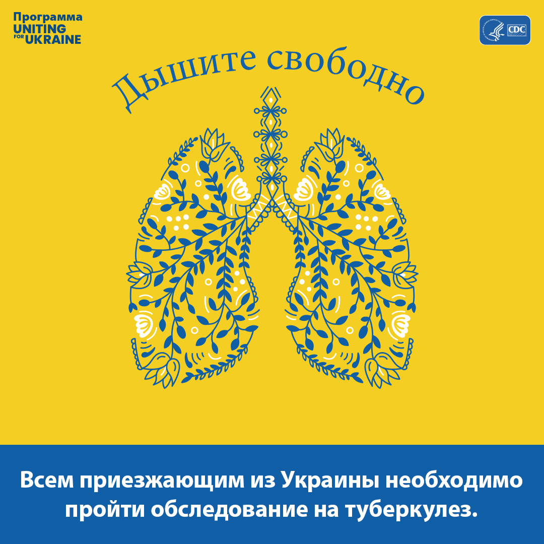 Иллюстрация легких в стиле украинского народного творчества. Содержание следующее: Дышите свободно. Всем приезжающим из Украины необходимо пройти обследование на туберкулез.