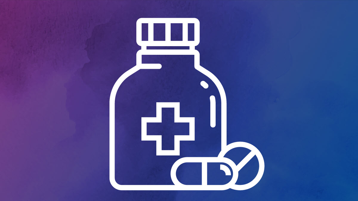 2023 TB Annual Report Case Outcomes Icon Pill bottle with a tablet pill and a round pill in from of the bottle