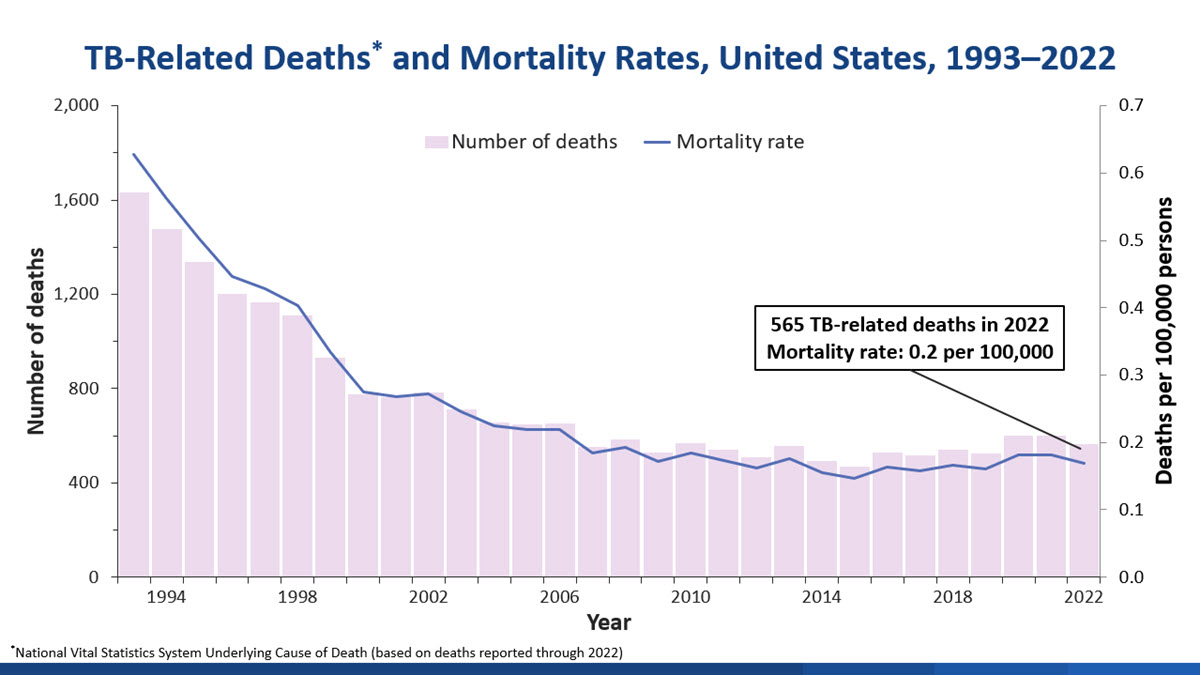 Declining graph of TB-related deaths and mortality rates from 1993-2022 with data leveling in 2007.