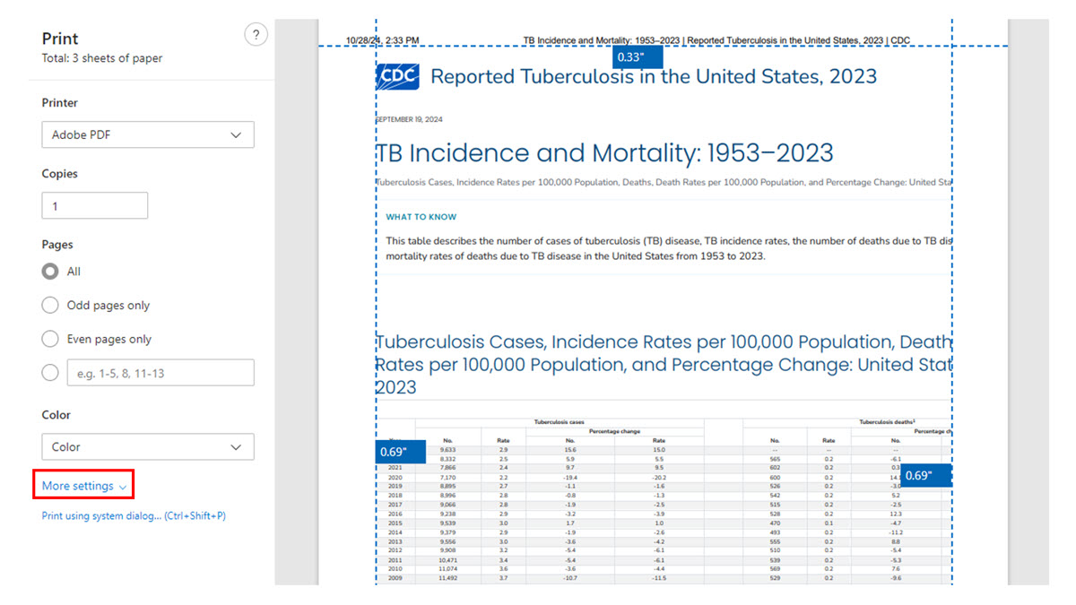 Table Printing Tips MS Edge Figure 2 In the pop-up window, click "More settings" to customize the scale and margins.