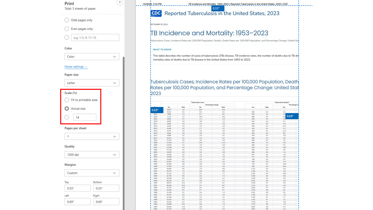 Table Printing Tips MS Edge Figure 3 Select "Fit to printable area" or use the custom scaling to adjust the size to your preference.