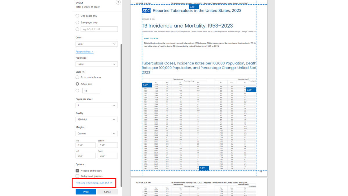 Table Printing Tips MS Edge Figure 4 Select "Print using system dialog."