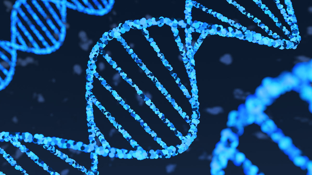 Neon blue strands of DNA float in fluid