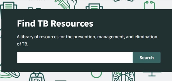 Find TB Resources Search Bar Search bar for identifying resources. Background has icons of different medical and research items.