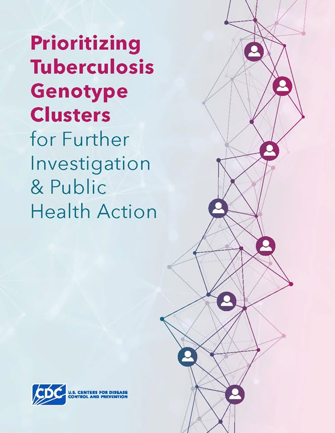 Prioritizing Tuberculosis Genotype Clusters for Further Investigation and Public Health Action in magenta and teal text next to a line drawing of a network with icons of people.