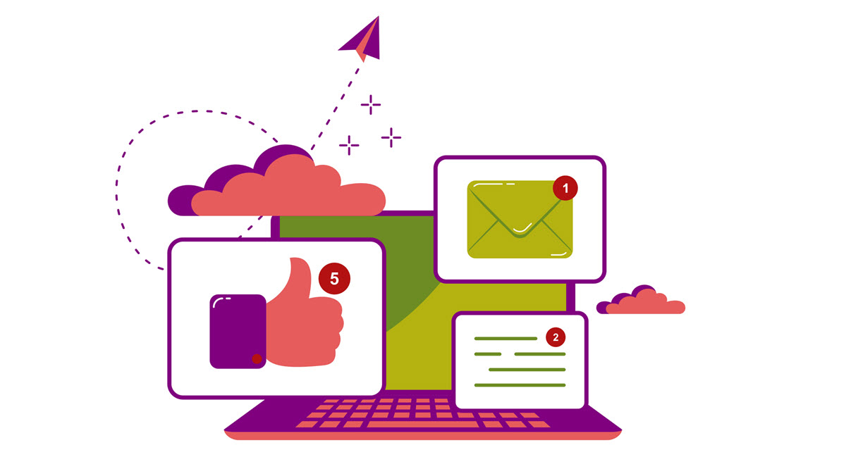 Communication platforms Graphic illustration of likes and comments on social network and laptop with chatting notifications on table