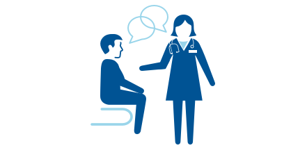 Provider Patient Figures Starting a Conversation About TB A male patient figure is sitting down while he and a female provider our having a conversation about TB.