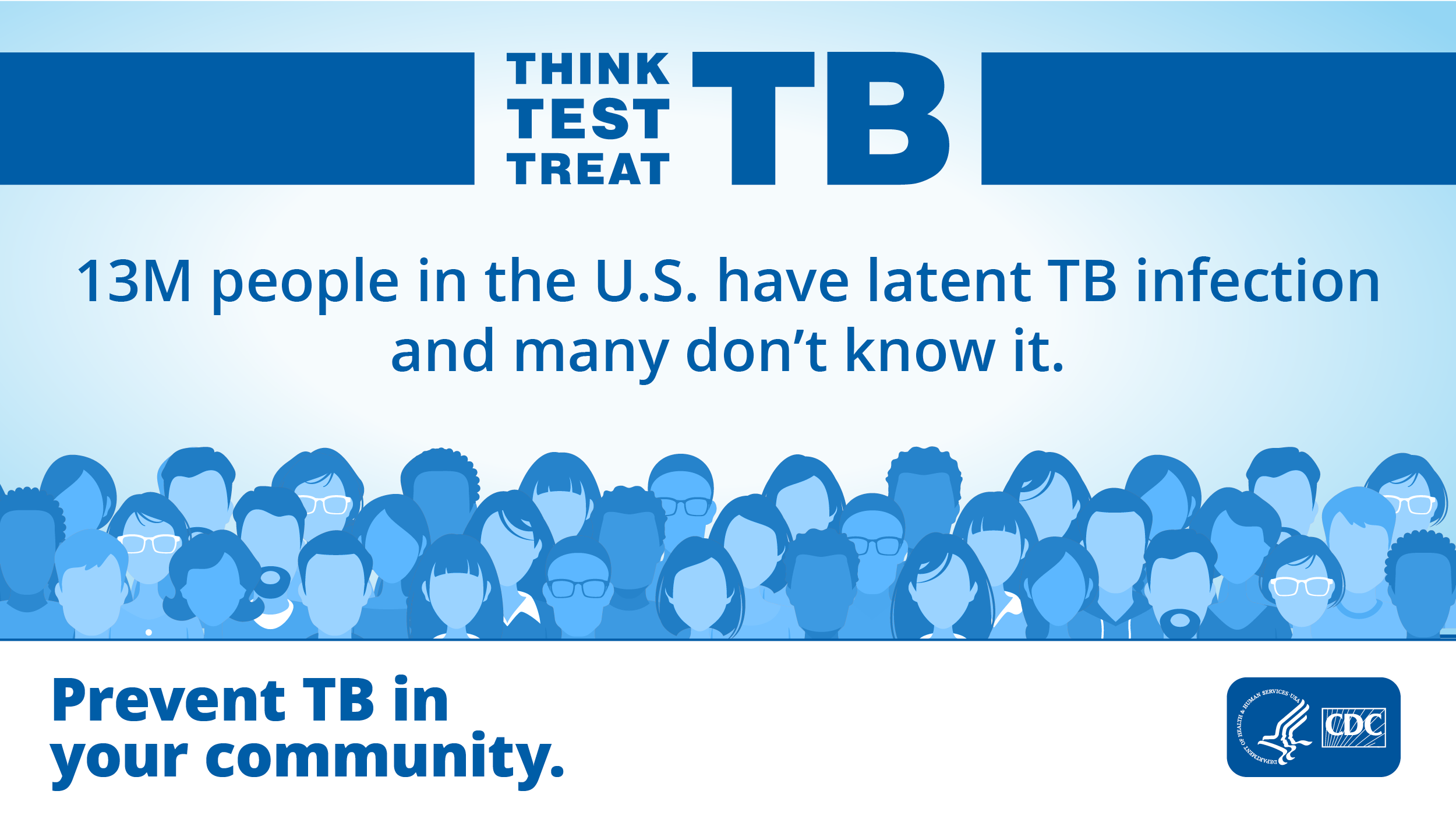 13 Million in the U.S. Have Latent TB Infection (1200 x 675px) A crowd of people is shown. Text says "13M people in the U.S. have latent TB infection and many don't know it."