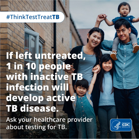 1 in 10 People With Inactive TB (Download - 1080 x 1080px) Graphic to encourage people to get tested for TB.