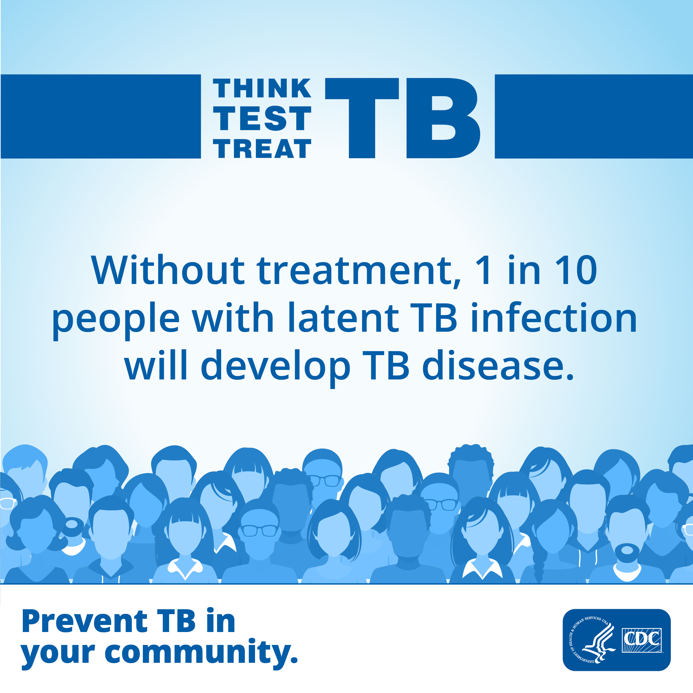 Without Treatment, 1 in 10 People with Latent TB Infection Will Develop TB Disease A crowd of people is shown. Text says "Without treatment, 1 in 10 people with latent TB infection will develop TB disease."