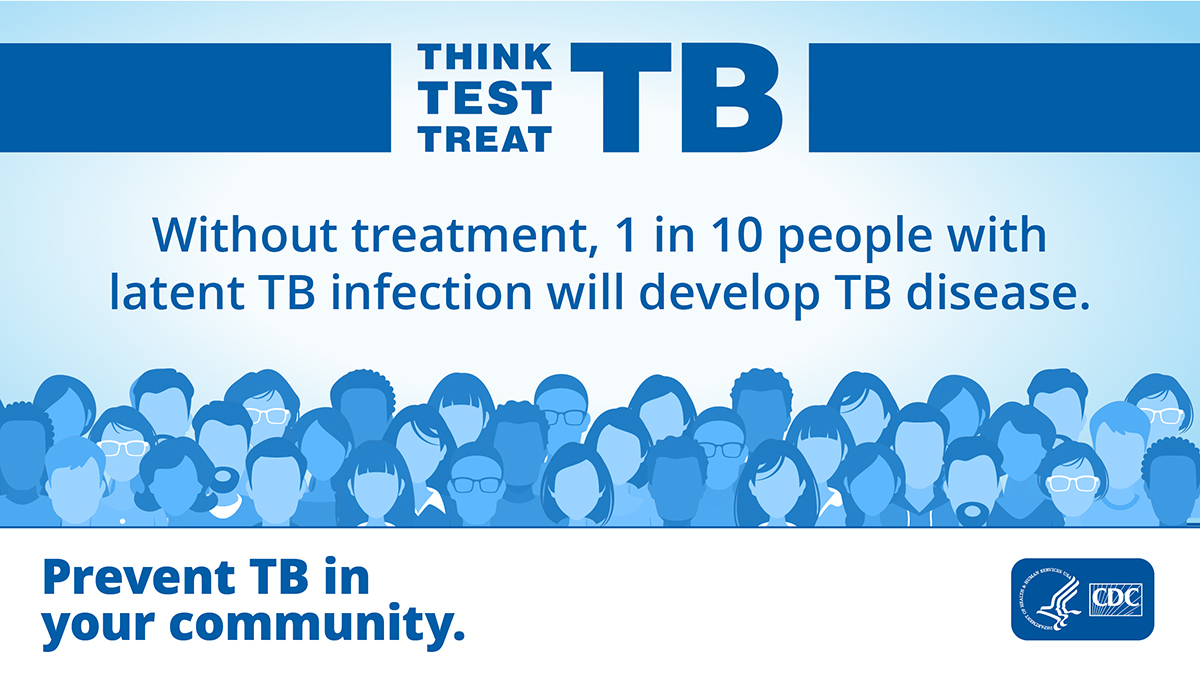 Without Treatment, 1 in 10 People with Latent TB Infection Will Develop TB Disease A crowd of people is shown. Text says "Without treatment, 1 in 10 people with latent TB infection will develop TB disease."