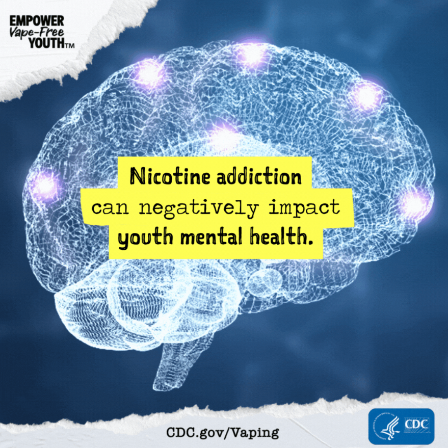 Nicotine brain graphic Empower Vape-Free Youth ad featuring a brain graphic and message about the connection between nicotine addiction and youth mental health.