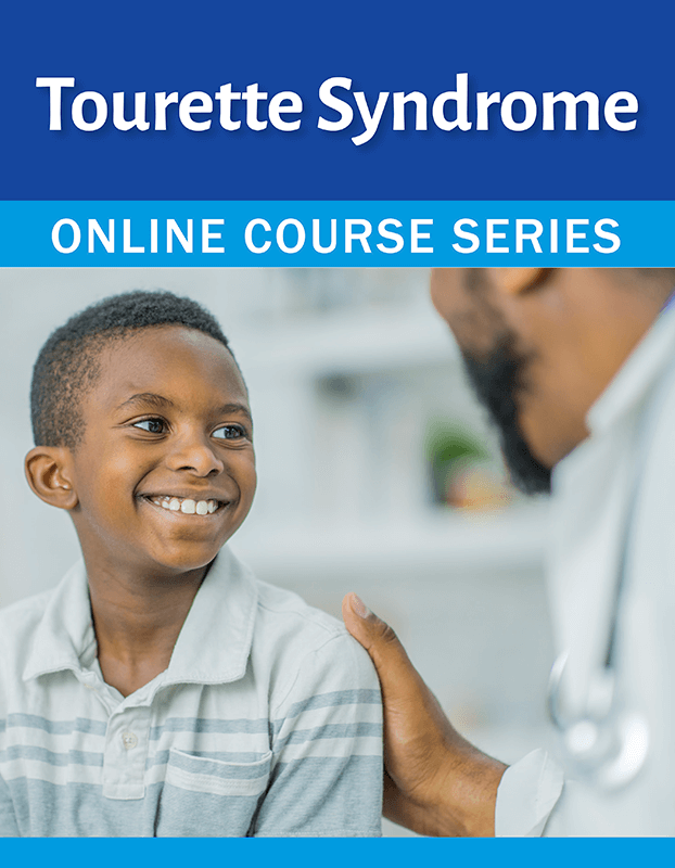 Tourette Syndrome: Online Course Series Graphic with images of doctor placing hand on child's shoulder and Pedialink training home page. Text reads, "Tourette Syndrome Online Course Series"