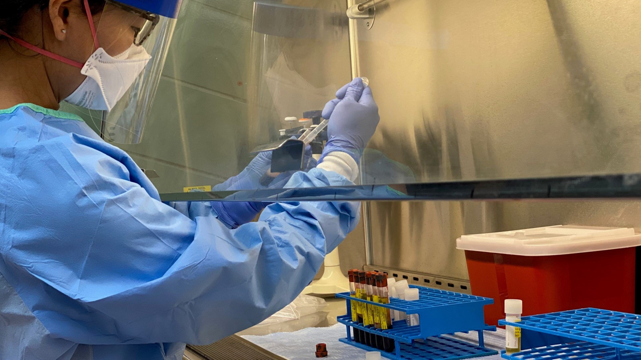 — title missing — Scientist wearing personal protective equipment while working in a public health laboratory.