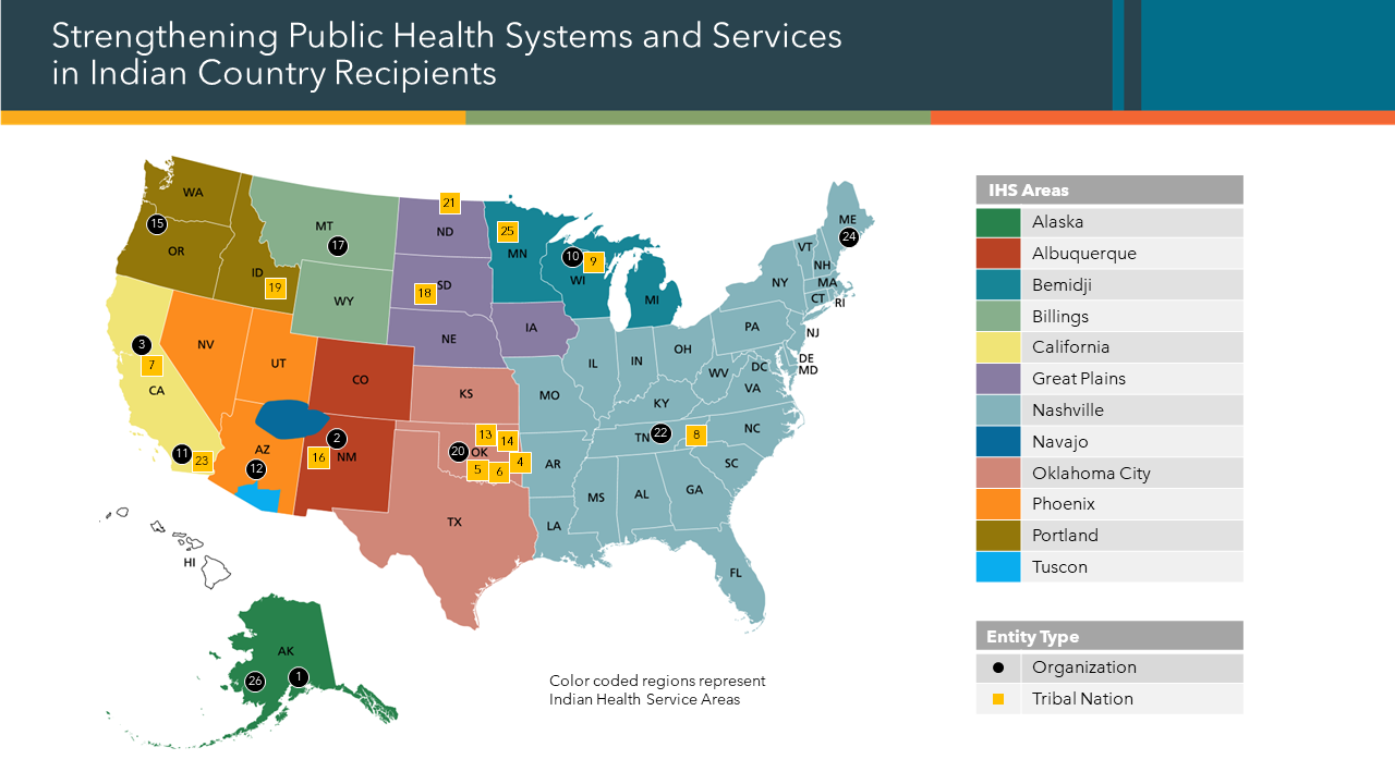 Tribal strengthening public health systems USA map Oct2024 Strengthening Public Health Systems and Services in Indian Country Recipients Map