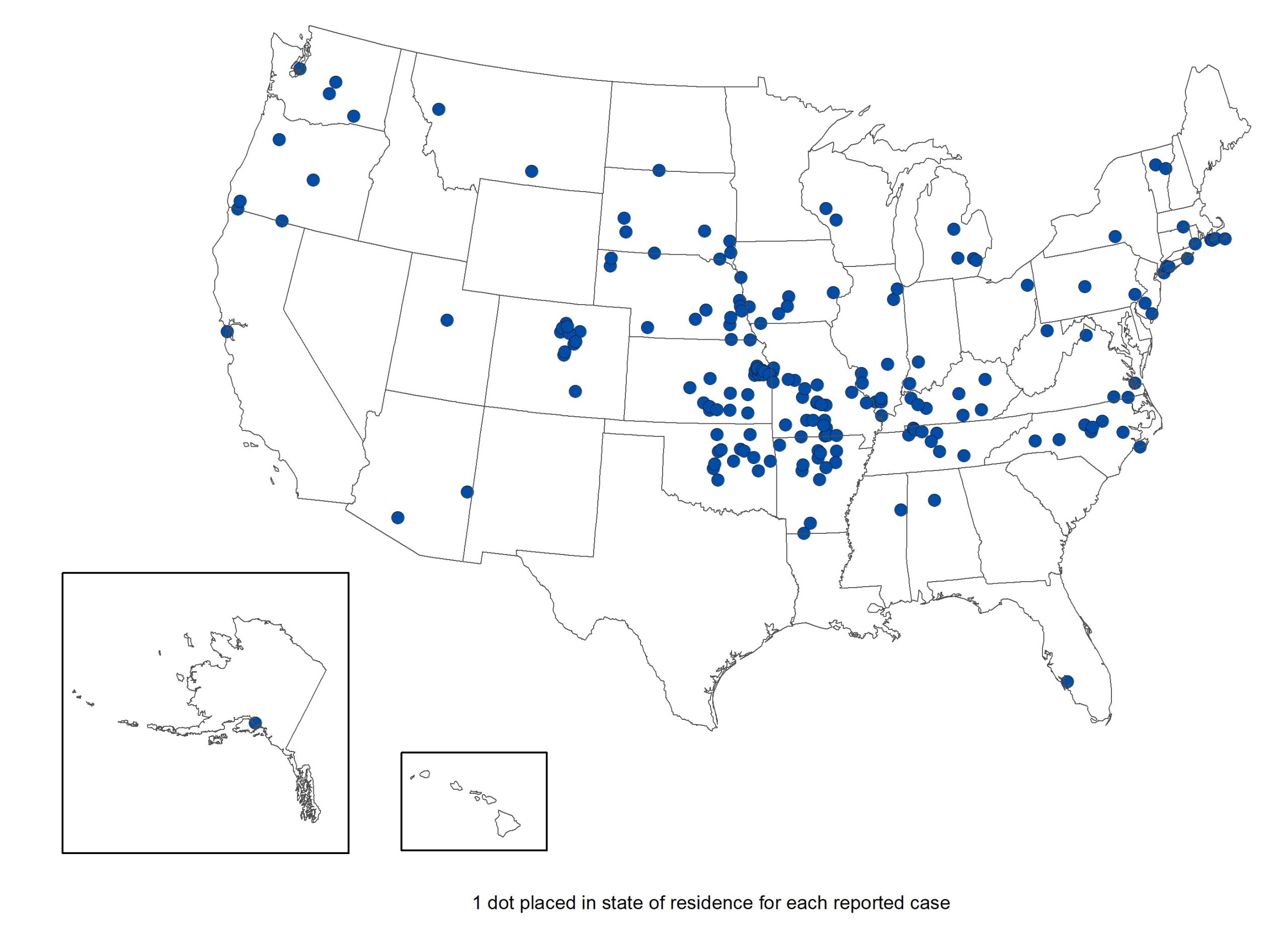 2023 Tularemia case map Map of the United States showing cases of tularemia in 2023
