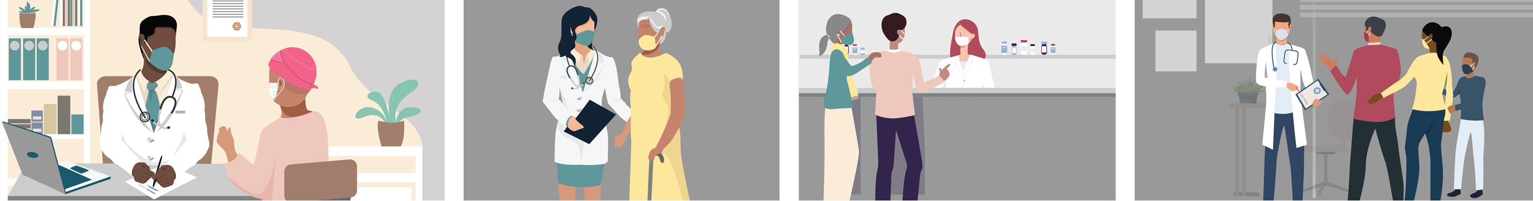 Illustrations of healthcare professionals talking to patients about COVID-19 vaccination.