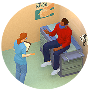 illustration-doctor-patient-talking Illustration of doctor and patient talking.